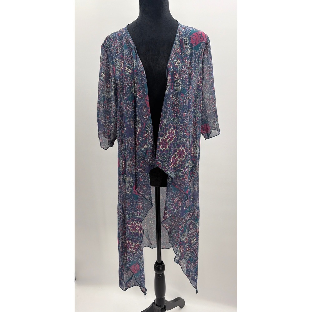LuLaRoe Shirley Duster Cardigan Small Blue Pink Paisley Floral Sheer Kimono‎ S